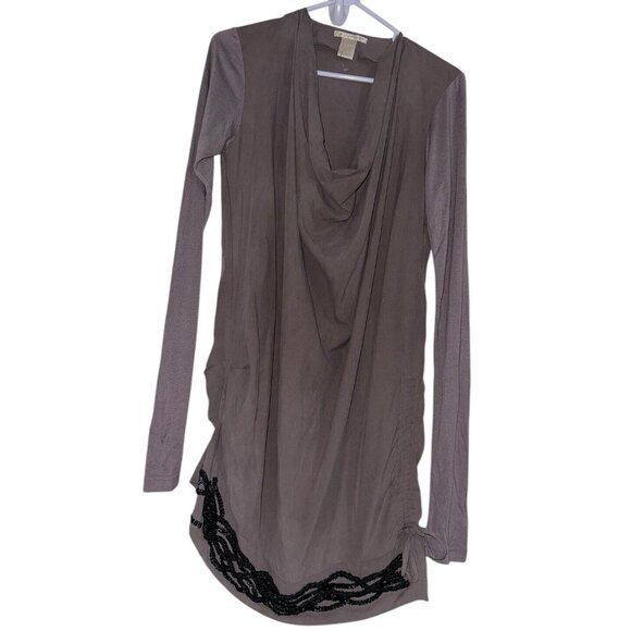 Vintage Gold Hawk Womens 100% Silk Long Sleeve Tunic Top Sz S Taupe Gray Beaded - Picture 1 of 7